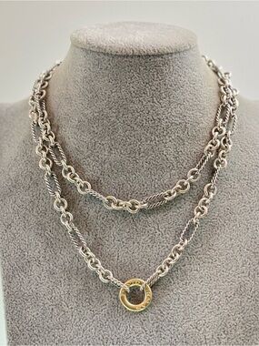 David Yurman 925 & 18k Gold Figaro Chain Toggle Necklace 32"